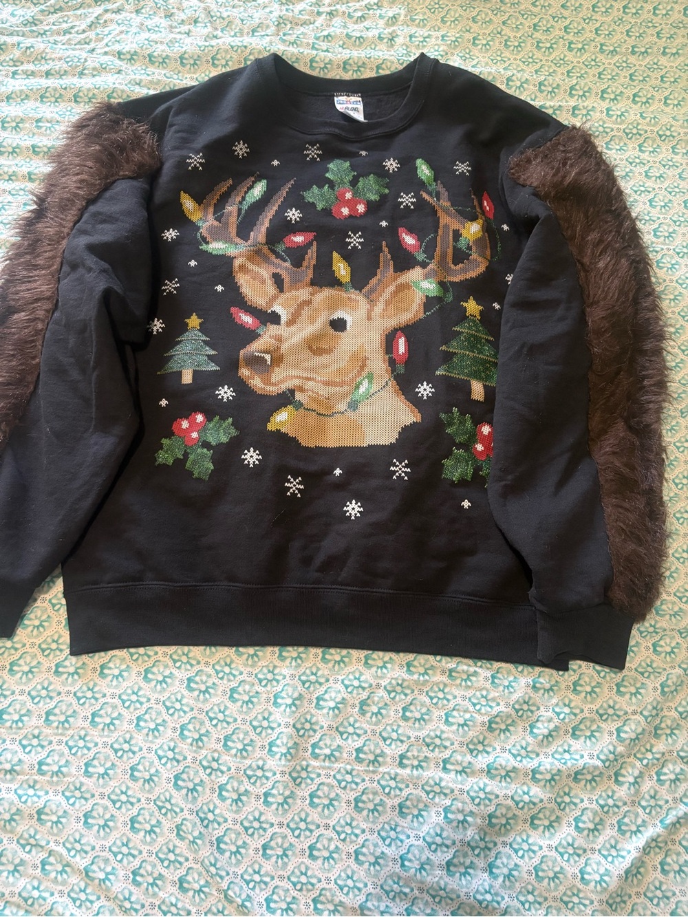 Jerzees Black Crewneck Reindeer Sweater with Brown Faux Fur Sleeves unisex